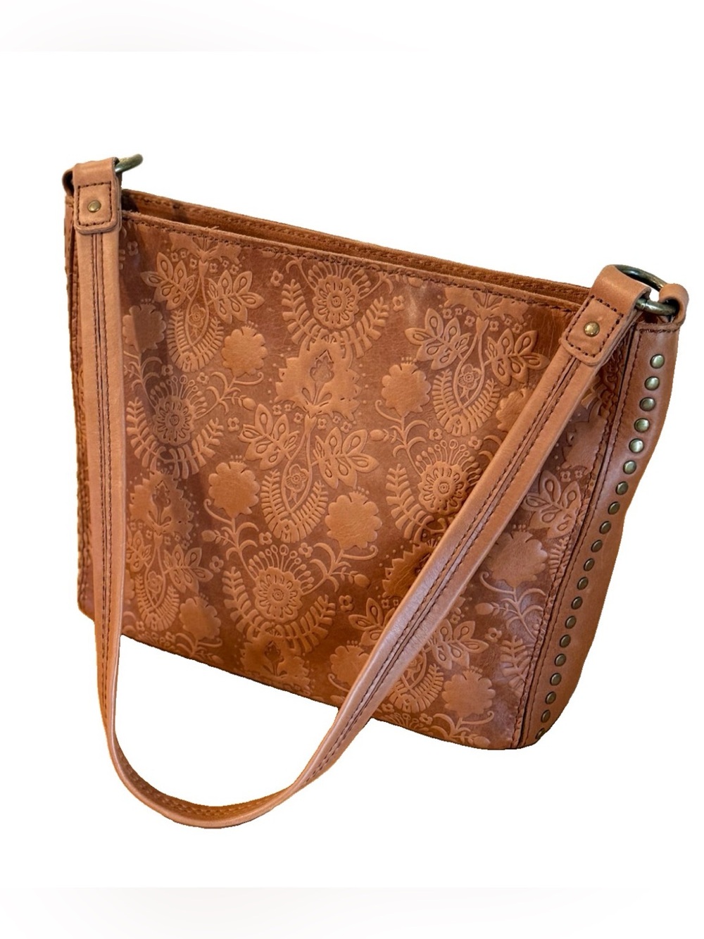 The Sak Indio Leather Demi Bucket Shoulder Bag Tobacco Floral Embossed Tooled